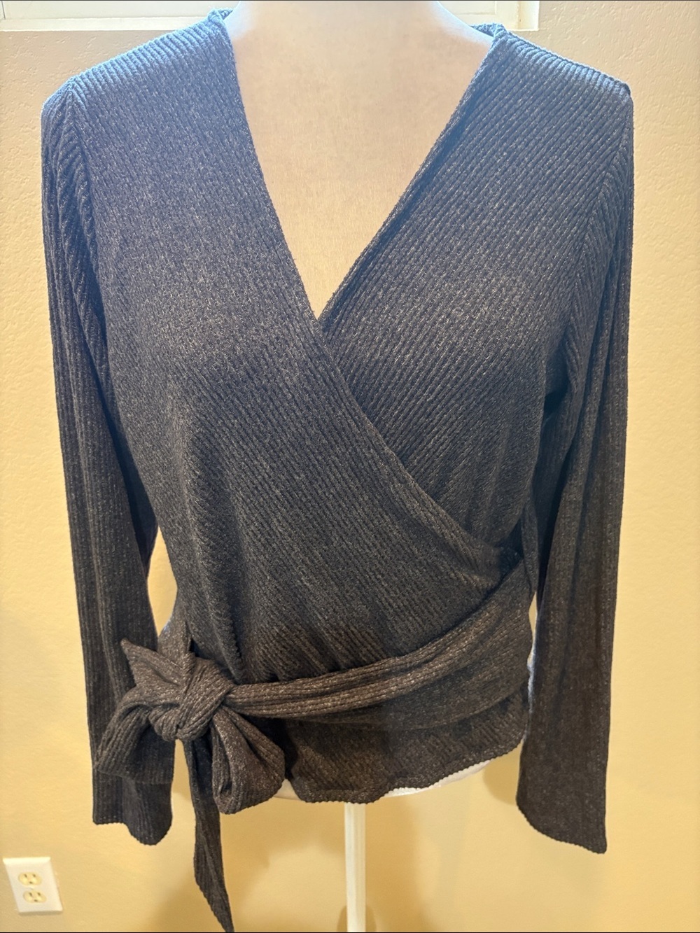 Express Charcoal Ribbed Wrap Tie Front Top